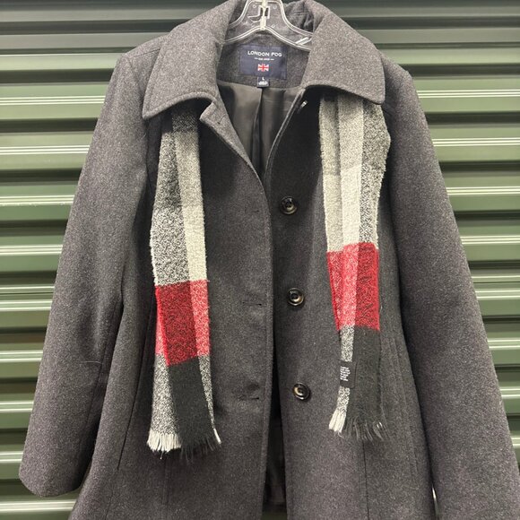 London Fog Women’s Charcoal Wool Blend Peacoat W/ Scarf Size Large, $225 - Picture 1 of 7